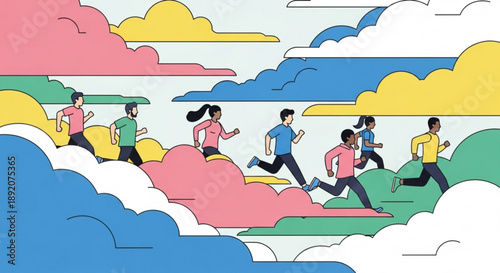 People Running on Clouds in Colorful Illustration