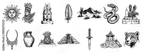 Collection of ancient aztec and mayan civilization symbols and artifacts in engraving style