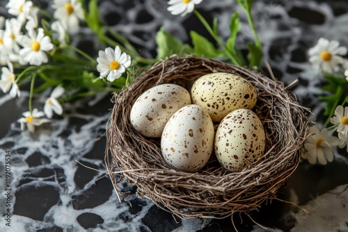 Four speckled eggs nestled in a rustic bird s nest surrounded by delicate daisies on a dark marble surface soft natural