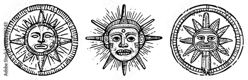 Ancient aztec sun stone disks with faces in vintage engraving style