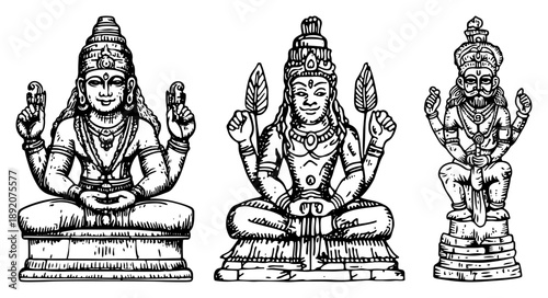 Traditional hindu god statues and deities in vintage engraving style