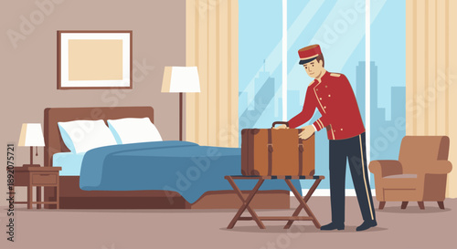 Bellboy Delivering Luggage to Room
A flat vector illustration of a bellboy delivering luggage to a guest room. Bed, window, and suitcase visible. Flat vector style, clean and organized interior.