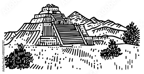Ancient mayan pyramid temple landscape with mountains in sketch style