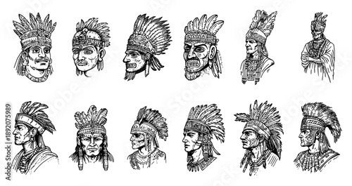 Collection of ancient tribal chief portraits with feathered headdresses in engraving style