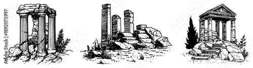 Ancient Greek or Roman stone ruins with broken columns in engraving style