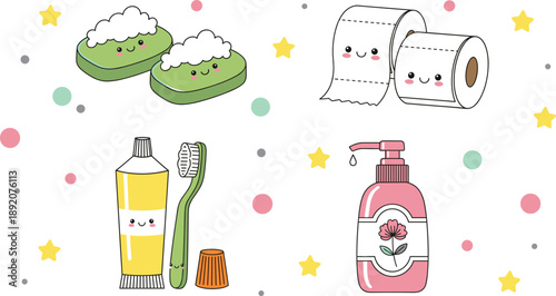 Cute bathroom hygiene items cartoon illustration with toothpaste toothbrush soap toilet paper and dispenser