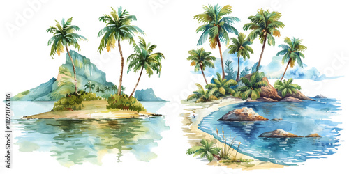 tropical island watercolor vector illustration