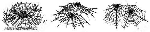 Collection of spooky spider webs with spiders in engraving style