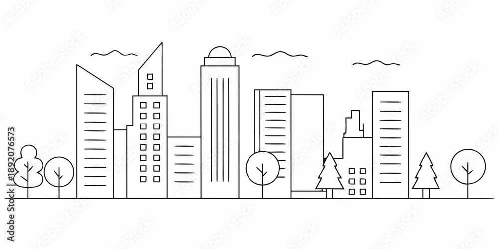 Obraz premium Minimalist line art illustration of a modern cityscape with trees