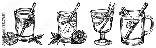 Set of hand drawn winter drinks with cinnamon and lemon slices