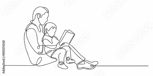 A mother and child share a quiet moment reading together in a single line drawing