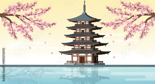 Pagoda Temple with Cherry Blossoms over Water during Sunset