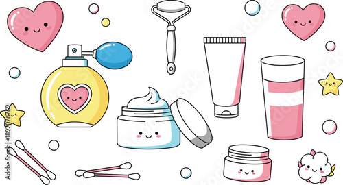 Cute skincare and beauty products illustration with jars tubes roller cotton swabs and hearts