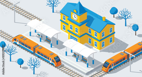 Isometric railway station building with orange passenger trains on tracks, platform with benches, winter landscape with trees, transportation infrastructure, vector illustration, city transport