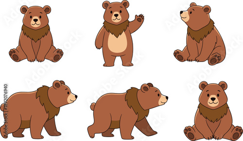 Cute brown bear cartoon character set, grizzly bear mascot in different poses, sitting, walking, waving, vector illustration isolated on white background