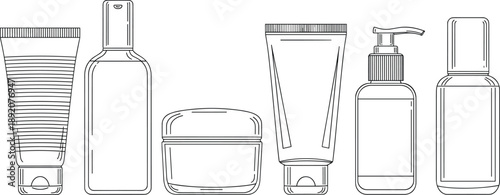 Cosmetic packaging line icons set with tubes bottles jars and pump containers isolated