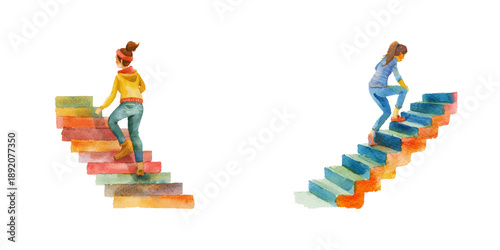 woman climbing stairs watercolor vector illustration