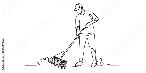 Continuous line art illustration of a person doing yard work with a rake Vector, illustration
