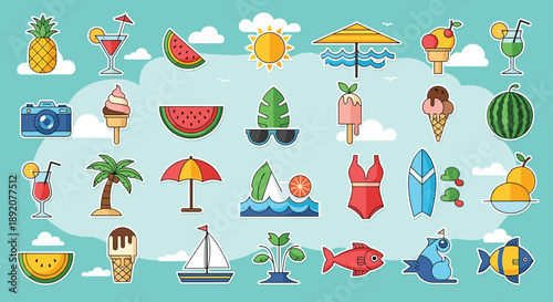Summer beach vacation icon set with tropical fruits ice cream cocktails surfboard palm trees and travel elements in flat sticker style