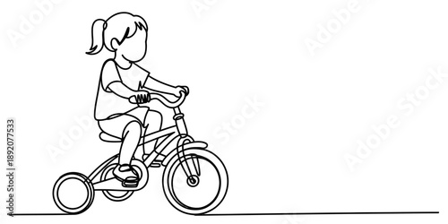 One continuous line art drawing of a young girl riding a tricycle, symbolizing childhood fun and play Vector, illustration