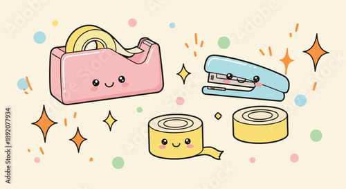Cute office supplies illustration with tape dispenser stapler and adhesive rolls kawaii stationery design