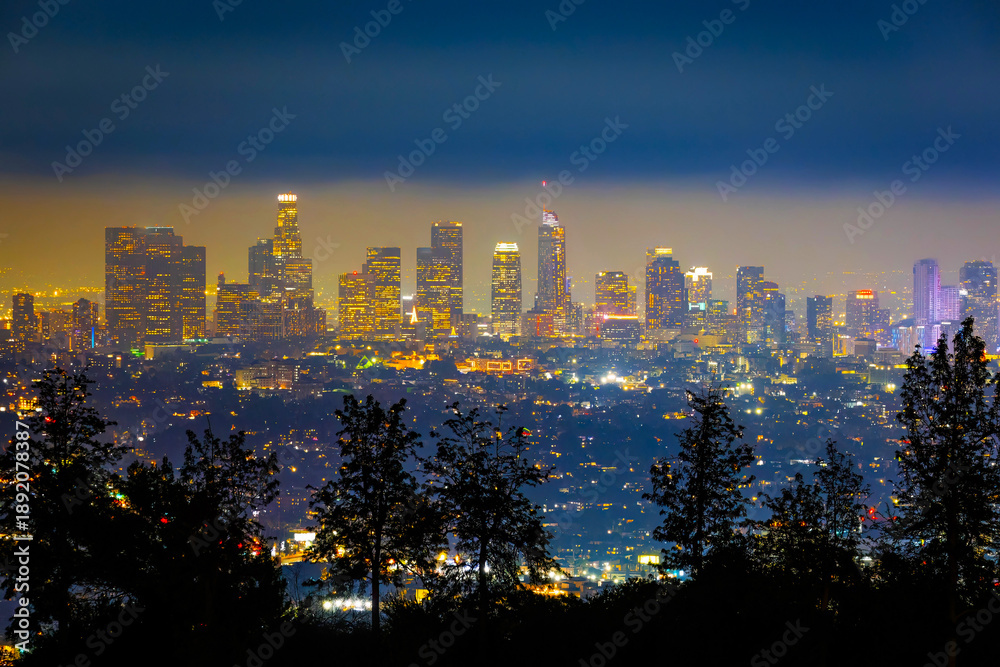 Fototapeta premium Los Angeles city illuminated skyscrapers aerial night view