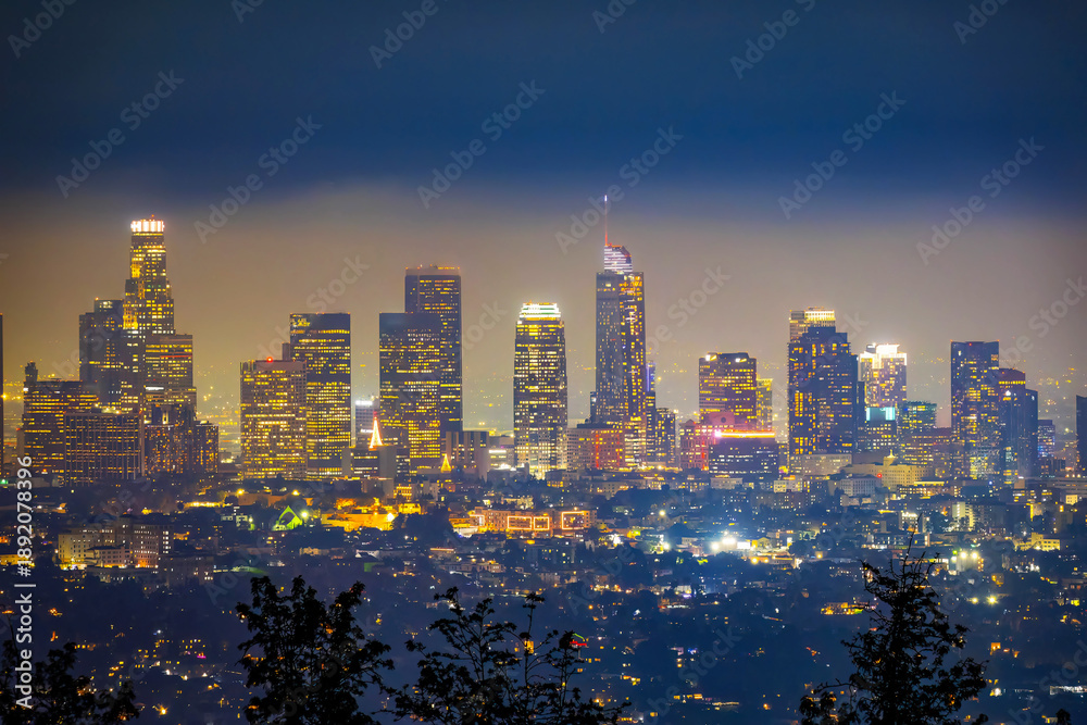 Obraz premium Los Angeles city illuminated skyscrapers aerial night view