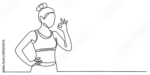A minimalist continuous line art illustration showing a fit woman giving the ok sign Vector, illustration