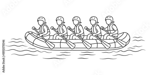 Five people paddling together in an inflatable raft on a water adventure line art Vector, illustration