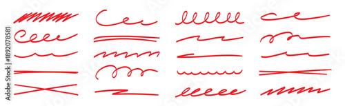 Red brush stroke underline collection. Marker pen highlight stroke pack. Vector swoosh brush underline set for accent, marker emphasis element. Vector illustration