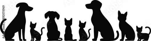Silhouettes of Various Dogs and Cats in a Row, Panoramic Pet Group Silhouette Illustration, vector, illustration, silhouette.