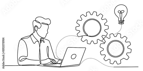 Continuous line drawing of innovation process with person working on laptop and gears Vector, illustration