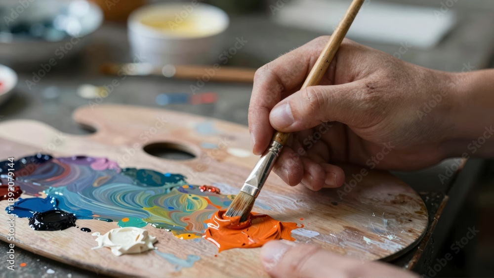 Fototapeta premium Artist's hand mixing vibrant orange paint with a brush on a wooden palette