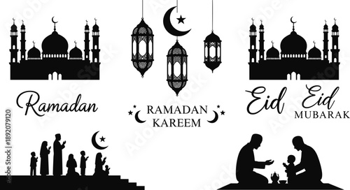 Ramadan Kareem and Eid Mubarak vector silhouette set, featuring mosque, lanterns, crescent moon, and Muslim family praying, black and white Islamic celebration elements.