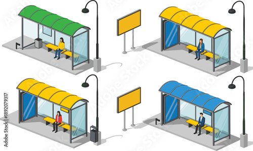 Isometric bus stop vector illustration set with passengers waiting, colorful station shelters, city street furniture, outdoor advertising billboard, and street lamp posts.