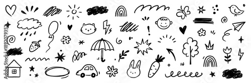Kid icon line cute element set. Kid icon sketch with line outline and hand drawn art on paper cloud, flower, house background. Childish children cartoon play rainbow, heart, sun. Vector illustration