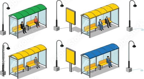 Isometric bus stop vector illustration set with passengers waiting, colorful station shelters, city street furniture, outdoor advertising billboard, and street lamp posts, transit.