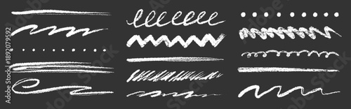 Hand drawn chalk underline brush strokes set on blackboard. Crayon texture brush stroke underline sketch paint for doodle border, pastel chalk pencil paint scratch, squiggle. Vector illustration