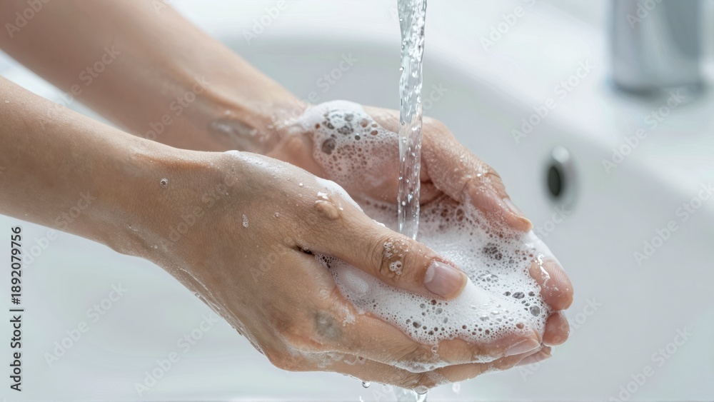 Fototapeta premium Woman washing hands with soap and running water in a sink creating foam