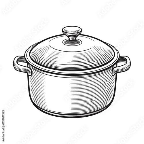 Cooking pot with lid in classic sketch style on white background  