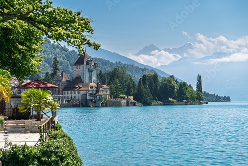 Cuadro en lienzo Scenic view of Lake Thun featuring Spiez Castle, framed by vibrant greenery and the stunning Swiss Alps