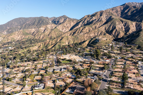 Drone view of empty lots of homes left behind from the Eaton fire, Pacific Palisades. January 2025, a series of 14 destructive wildfires affected the Los Angeles County in California, United States.