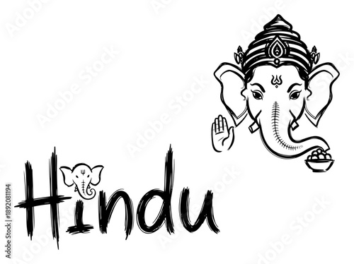 Lord Ganesha head with Hindu text typography Vector sketch of Indian elephant god