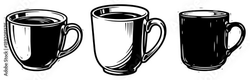Set of three espresso cups engraving style Vector illustration of small coffee mugs