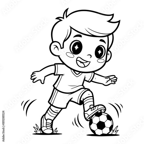 Cute cartoon boy playing soccer Vector doodle illustration of a happy kid kicking a football