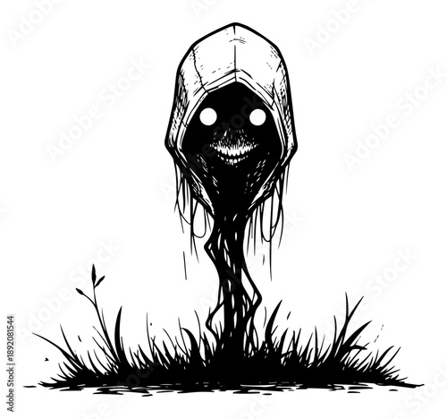 Creepy hooded grim reaper figure with glowing eyes floating above grass blades