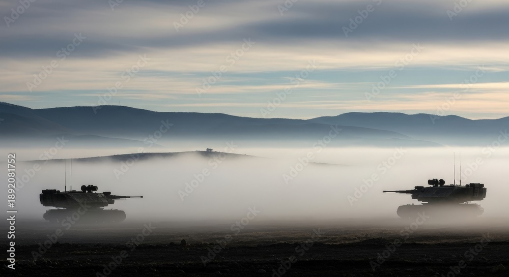 Obraz premium Military tanks maneuver through foggy landscape at dawn with mountains in the background