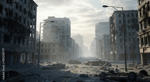 Desolate cityscape with destroyed buildings and debris-filled streets after war viewed from street level