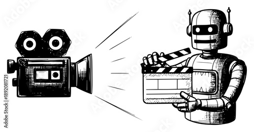 Robot filmmaker holding clapperboard in front of movie camera sketch