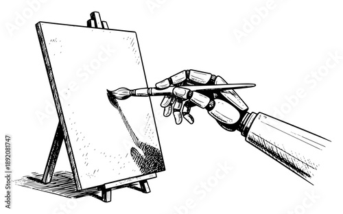 Robotic arm painting on blank canvas easel vector illustration representing ai art